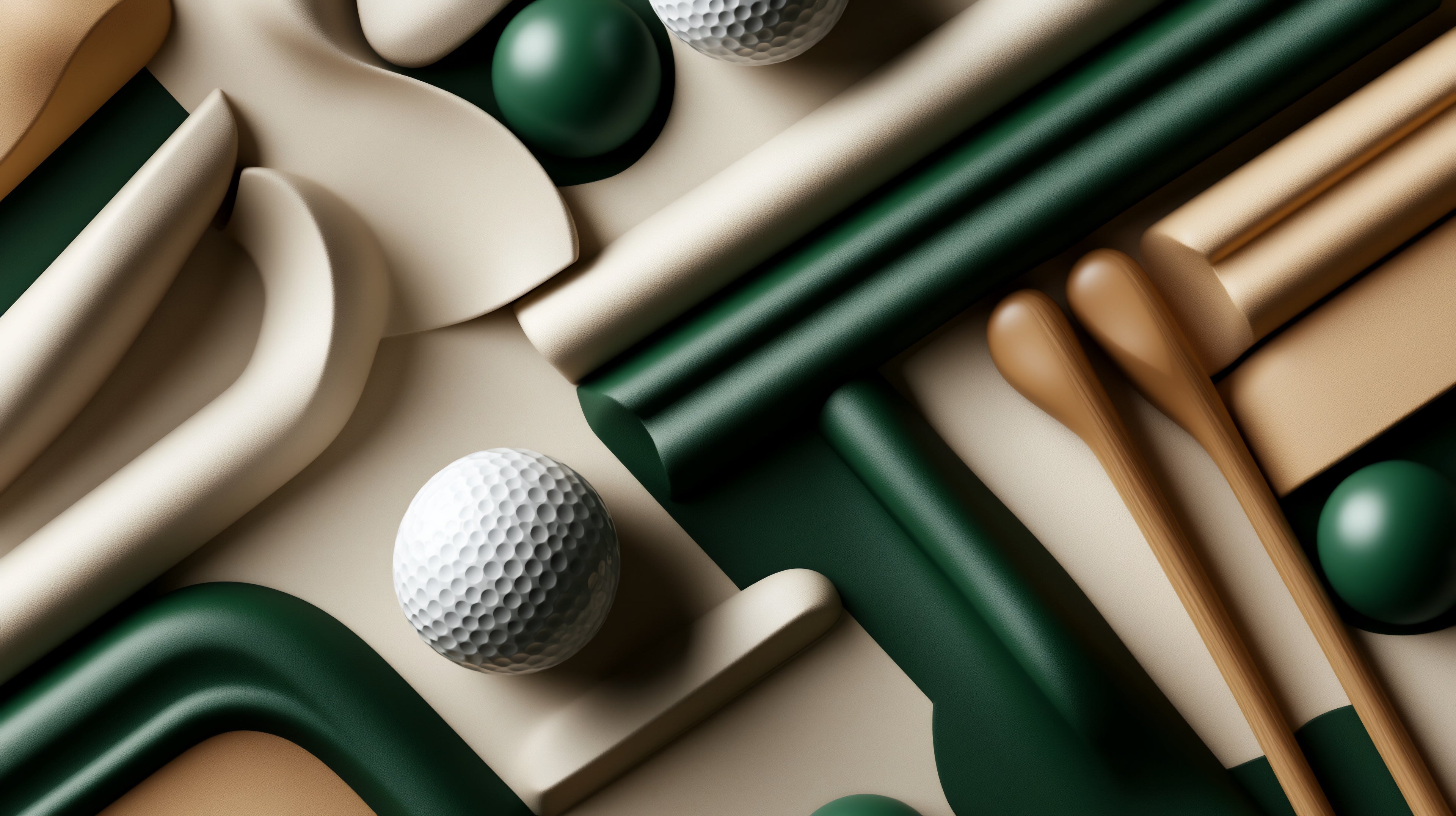 Golf clubs and balls arranged in a geometric pattern with green, beige, and brown colors.